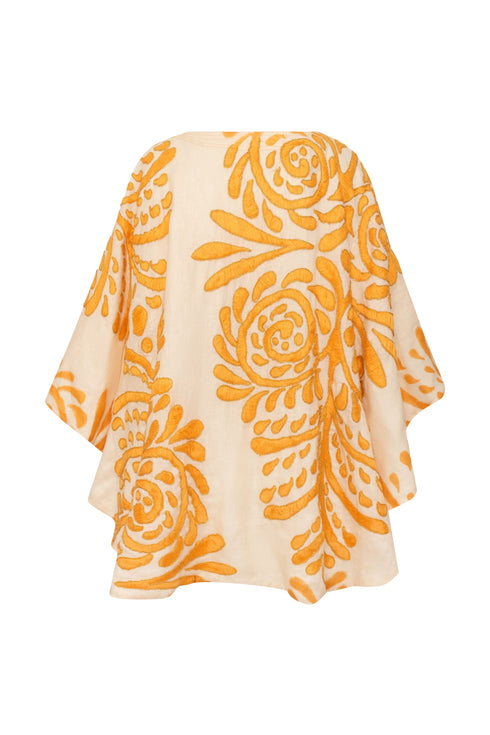 Cavalo Hand Embroidered Linen Poncho / Ecru Yellow Arabesque